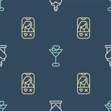 Set line Bottle with love potion, Dating app online and Martini glass on Stock Illustration