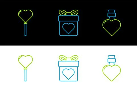 Set line Bottle with love potion, Balloons in form of heart and Gift box icon Stock Illustration