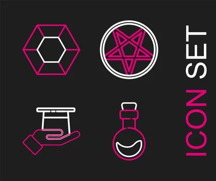 Set line Bottle with love potion, Magician hat in hand, Pentagram circle and Stock Illustration