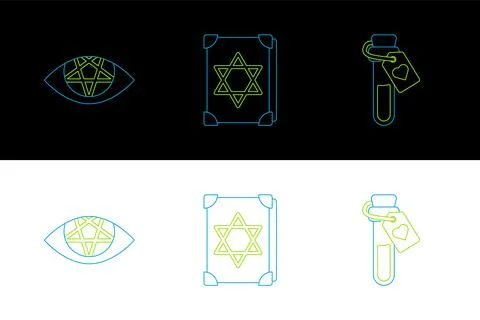 Set line Bottle with love potion, Pentagram and Ancient magic book icon. Vect Stock Illustration