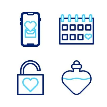 Set line Bottle with love potion, Lock and heart, Calendar and Mobile icon... Stock Illustration