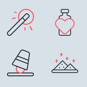 Set line Bottle with love potion, Game thimbles, Magic powder and wand icon.. Stock Illustration