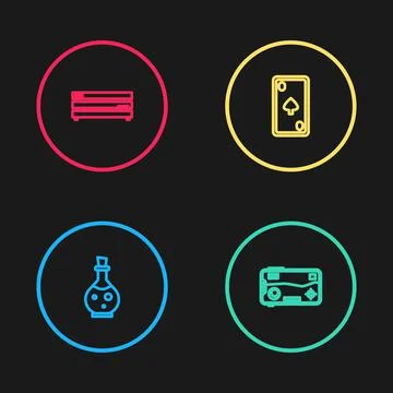 Set line Bottle with magic elixir, Mobile and playing in game, Playing card Stock Illustration