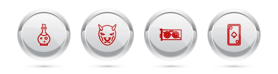 Set line Bottle with magic elixir, Mask of the devil horns, Video graphic card Stock Illustration