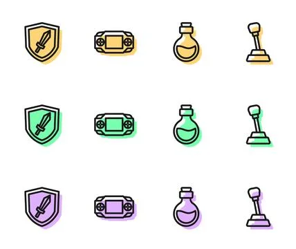 Set line Bottle with magic elixir, Sword for game, Portable video console and 库存插图