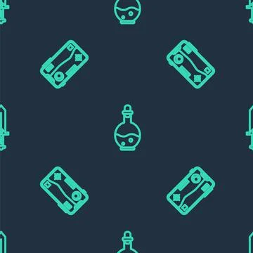 Set line Bottle with magic elixir, Mobile and playing in game and Sword for on Stock Illustration