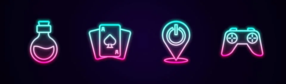 Set line Bottle with magic elixir, Playing cards, Power button and Game contr Stock Illustration