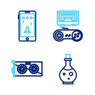 Set line Bottle with magic elixir, Video graphic card, Game console joystick  Stock Illustration