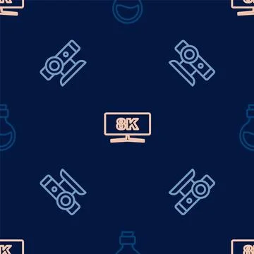 Set line Bottle with magic elixir, Web camera and Computer monitor on seamless Stock Illustration