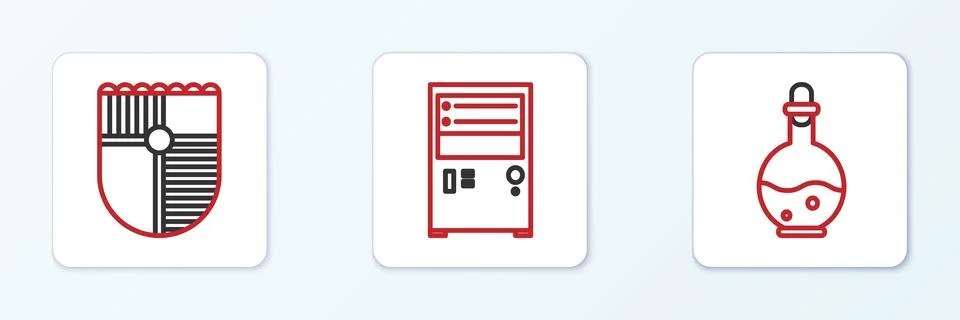 Set line Bottle with magic elixir, Shield for game and Computer icon. Vector Stock Illustration