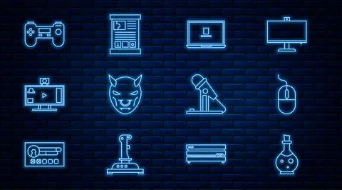 Set line Bottle with magic elixir, Computer mouse, Laptop, Mask of the devil Stock Illustration
