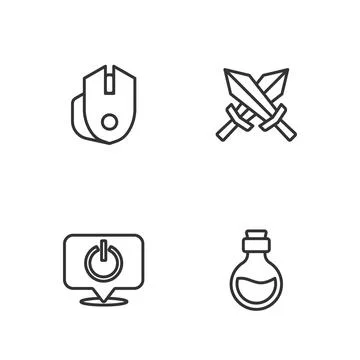 Set line Bottle with magic elixir, Power button, Computer mouse and Sword for Stock Illustration