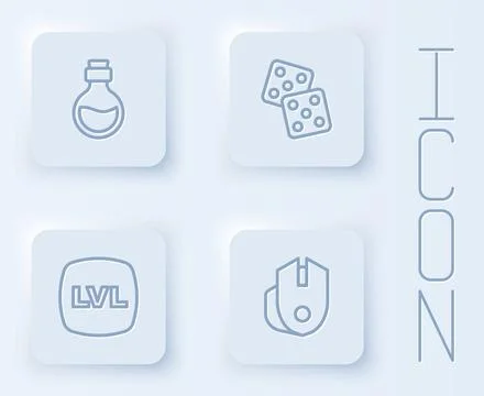 Set line Bottle with magic elixir, Game dice, Level game and Computer mouse Stock Illustration