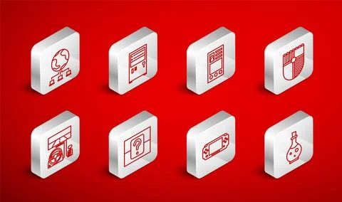 Set line Bottle with magic elixir, Computer, Create account screen, Shield .. イラスト素材