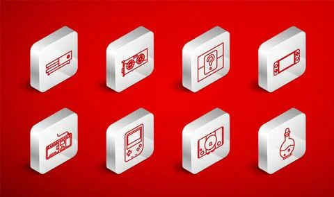 Set line Bottle with magic elixir, Video graphic card, Mystery or random bo.. Illustrazione stock