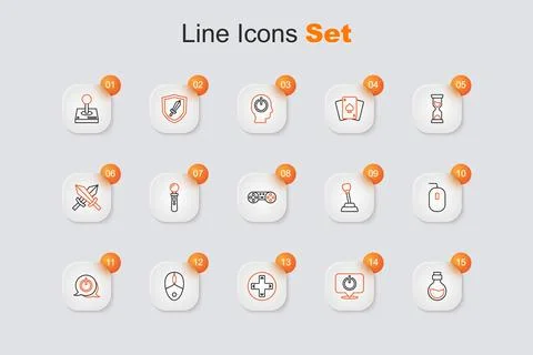 Set line Bottle with magic elixir, Power button, Game controller or joystic.. 库存插图