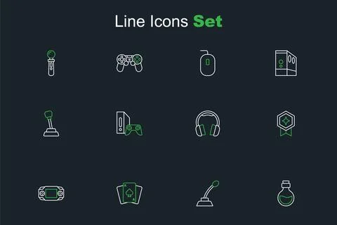 Set line Bottle with magic elixir, Microphone, Playing cards, Portable vide.. 库存插图