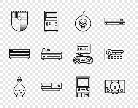 Set line Bottle with magic elixir, Video game console, Bomb ready to explod.. Stock Illustration
