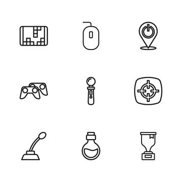 Set line Bottle with magic elixir, Target sport, Award cup, VR controller g.. Stock Illustration