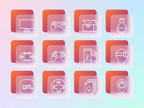 Set line Bottle with magic elixir, Game controller or joystick, Case of com.. Stock Illustration