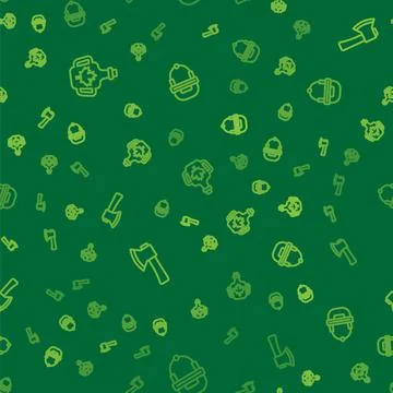 Set line Bottle of maple syrup, Wooden axe and Hockey helmet on seamless pattern Stock Illustration