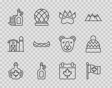 Set line Bottle of maple syrup, Flag Canada, Bear paw footprint, Syrup with.. Stock Illustration