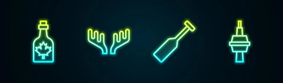 Set line Bottle of maple syrup, Deer antlers, Paddle and TV CN Tower in Tor.. Stock Illustration