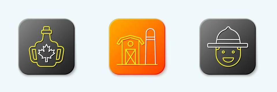 Set line Bottle of maple syrup, Farm house and Canadian ranger hat icon. Vect Stock Illustration