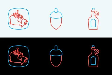 Set line Bottle of maple syrup, Canada and Acorn icon. Vector Stock Illustration