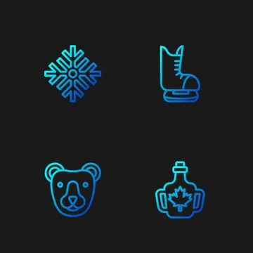 Set line Bottle of maple syrup, Bear head, Snowflake and Skates. Gradient c.. Illustrazione stock