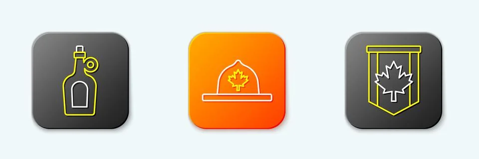Set line Bottle of maple syrup, Canadian ranger hat and Pennant flag Canada.. Stock Illustration