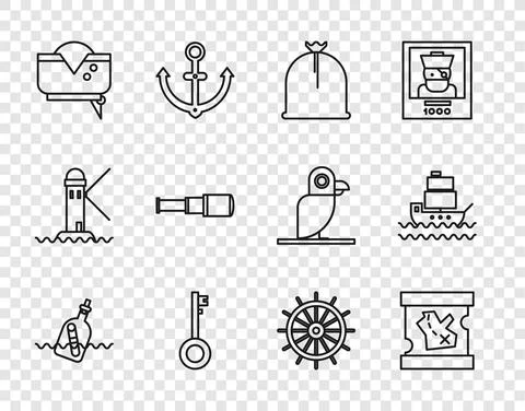 Set line Bottle with message in water, Pirate treasure map, sack, key, hat Stockillustratie