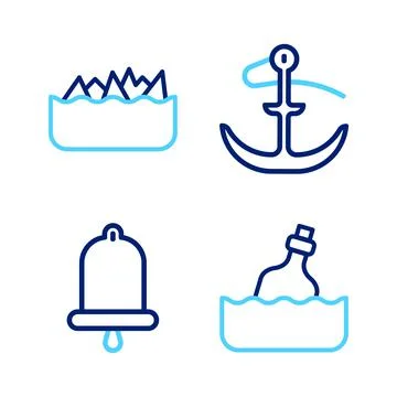 Set line Bottle with message in water, Ship bell, Anchor and Sharp stone reefs Stock Illustration