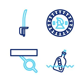 Set line Bottle with message in water, Pirate eye patch, coin and sword icon Stock Illustration