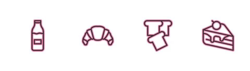 Set line Bottle with milk, Bread toast, Croissant and Piece of cake icon. Vector 스톡 일러스트