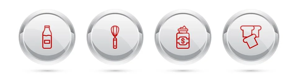 Set line Bottle with milk, Kitchen whisk, Jar of sugar and Bread toast. Silver Stock Illustration