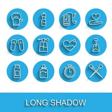 Set line Bottle with milk, Spa salt, Kettle handle, Stopwatch, Knitting needles Illustration