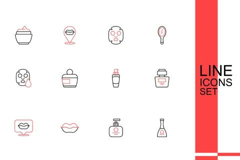 Set line Bottle of nail polish, Tube hand cream, Smiling lips, Perfume, Cre.. Illustrazione stock