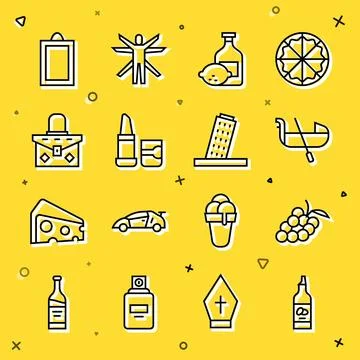 Set line Bottle of olive oil, Grape fruit, Gondola, Limoncello bottle, Lipstick Stock Illustration