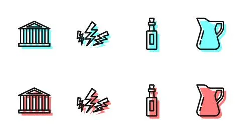 Set line Bottle of olive oil, Parthenon, Zeus and  icon. Vector Stock Illustration
