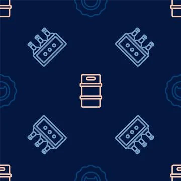 Set line Bottle opener, Pack of beer bottles and Metal keg on seamless pattern Stock Illustration