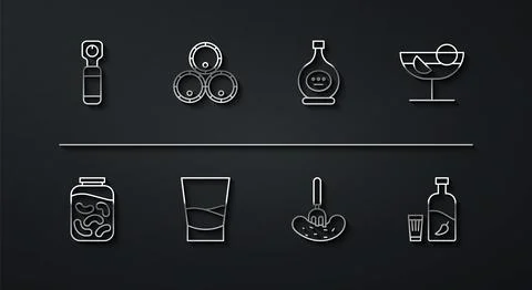 Set line Bottle opener, Pickled cucumbers in a jar, Cocktail, on fork, Glas.. Stock Illustration