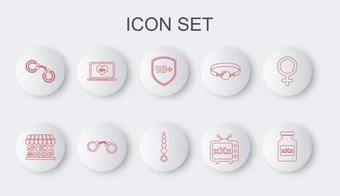 Set line Bottle with pills for potency, Sex shop building, Shield 18 plus, tv Stock Illustration