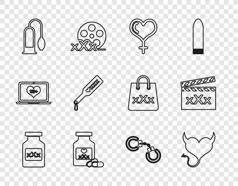 Set line Bottle with pills for potency, Devil heart horns, Female gender and Stock Illustration