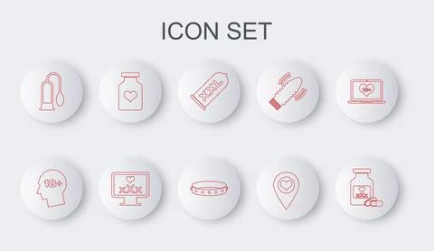 Set line Bottle with pills for potency, Head 18 plus, Condom safe sex, Location Illustrazione stock