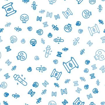 Set line Bottle with potion, Ancient magic scroll and Skull on seamless pattern Illustrazione stock