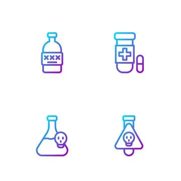 Set line Bottle with potion Beaker toxic liquid Poisoned alcohol and Antidote 库存插图