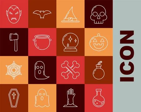 Set line Bottle with potion, Bomb ready to explode, Pumpkin, Witch hat 스톡 일러스트