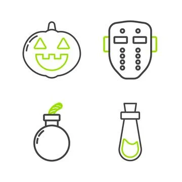 Set line Bottle with potion, Bomb ready to explode, Hockey mask and Pumpkin.. 스톡 일러스트