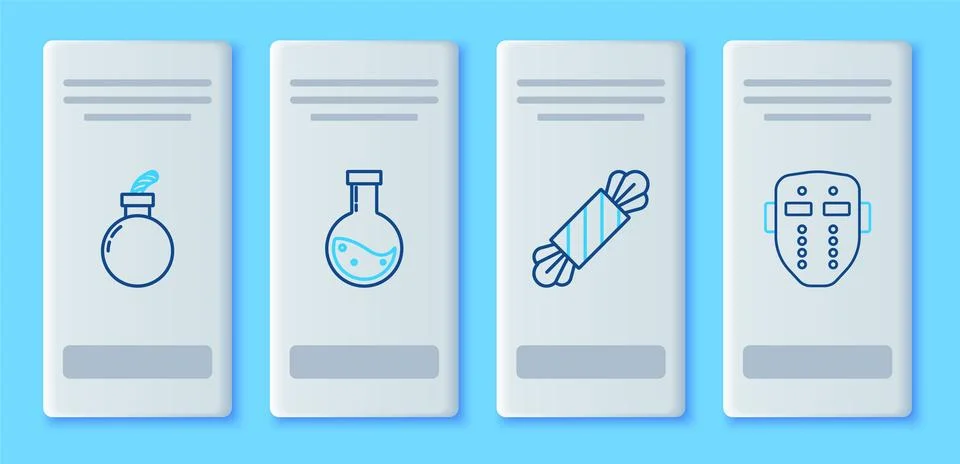 Set line Bottle with potion, Candy, Bomb ready to explode and Hockey mask icon 스톡 일러스트